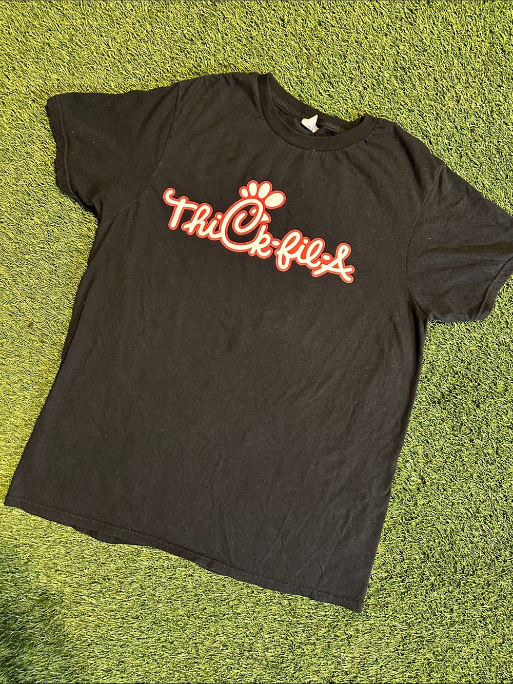 “Thic-Fil-A” Novelty T Shirt Delta Black and Red Ringspun Logo Tee